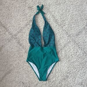 Women's Small Teal Floral Halter One-Piece Swimsuit